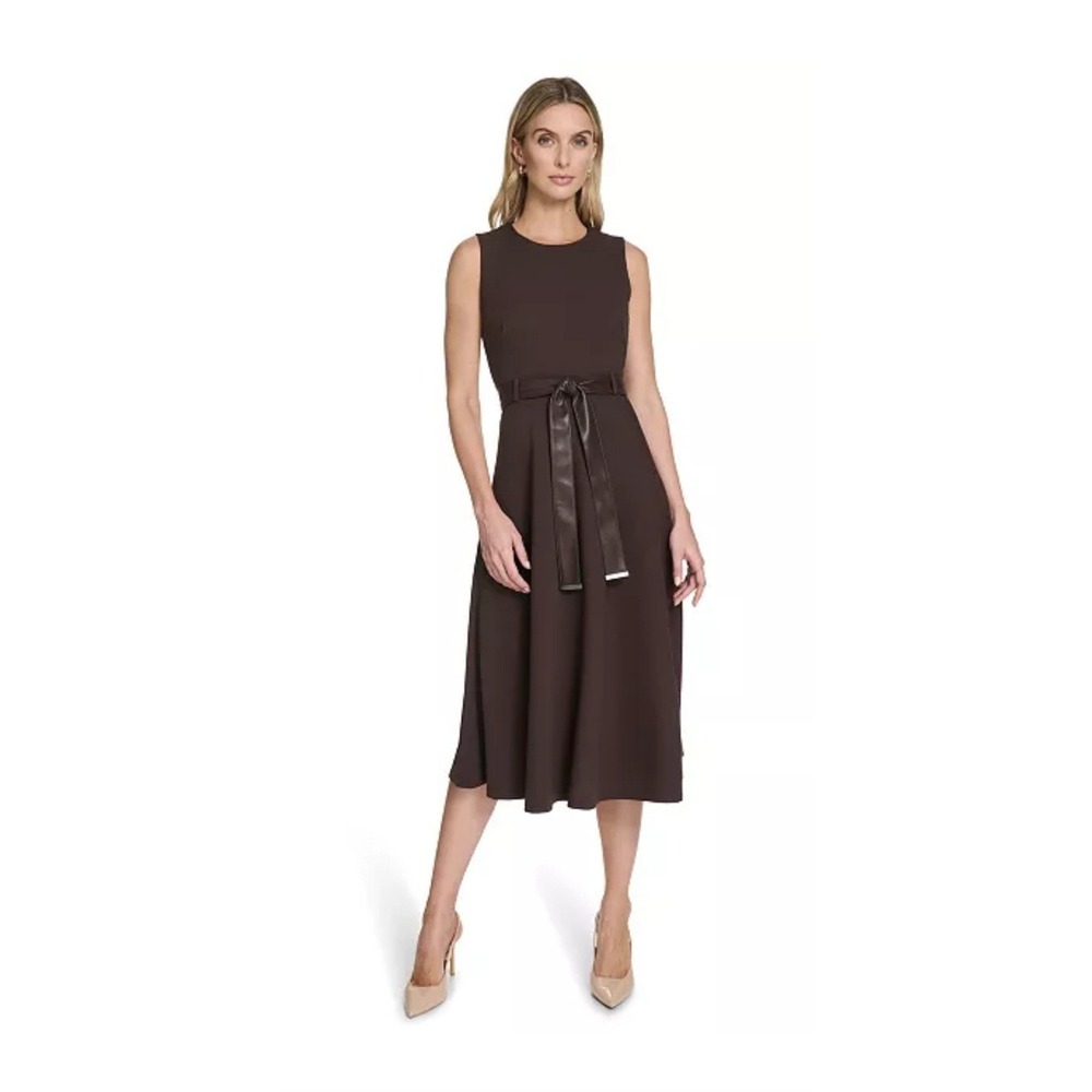 NWT Calvin Klein Brown Belted A Line Sleeveless Faux Leather Belted Dress.  4